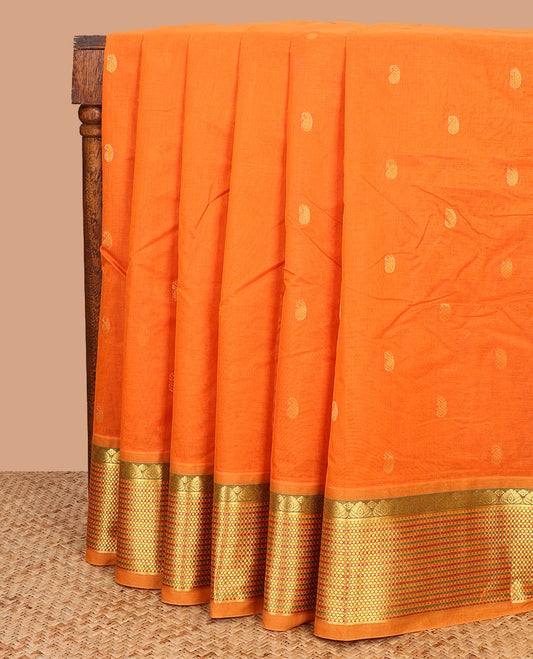 Orange paisley buttas Venkatagiri cotton saree with contrast traditional zari border, and pallu of zari stripes