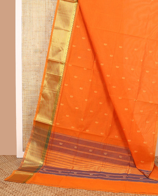 Orange paisley buttas Venkatagiri cotton saree with contrast traditional zari border, and pallu of zari stripes