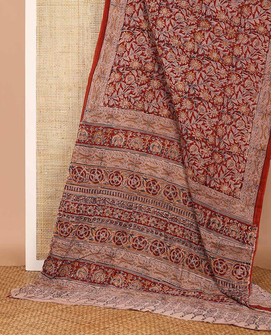 Maroon floral vine machine-printed Kalamkari cotton saree, printed border, and pallu of floral-print