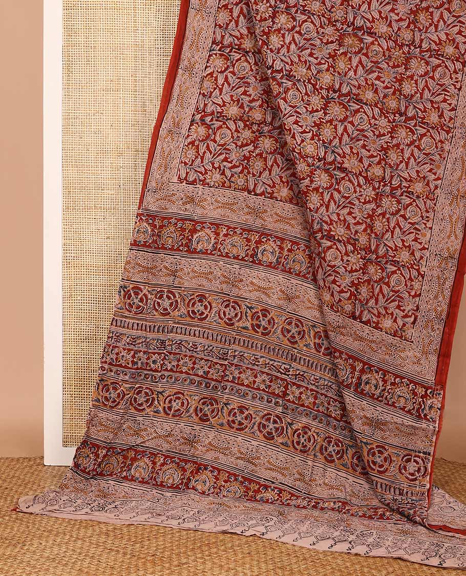 Maroon floral vine machine-printed Kalamkari cotton saree, printed border, and pallu of floral-print