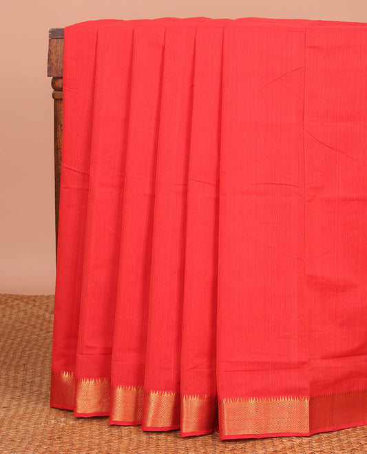 Red Plain Mangalagiri Cotton Saree, Beautified with Temple Zari Border, Gleaming Zari Pallu, and Paired with a Matching Blouse
