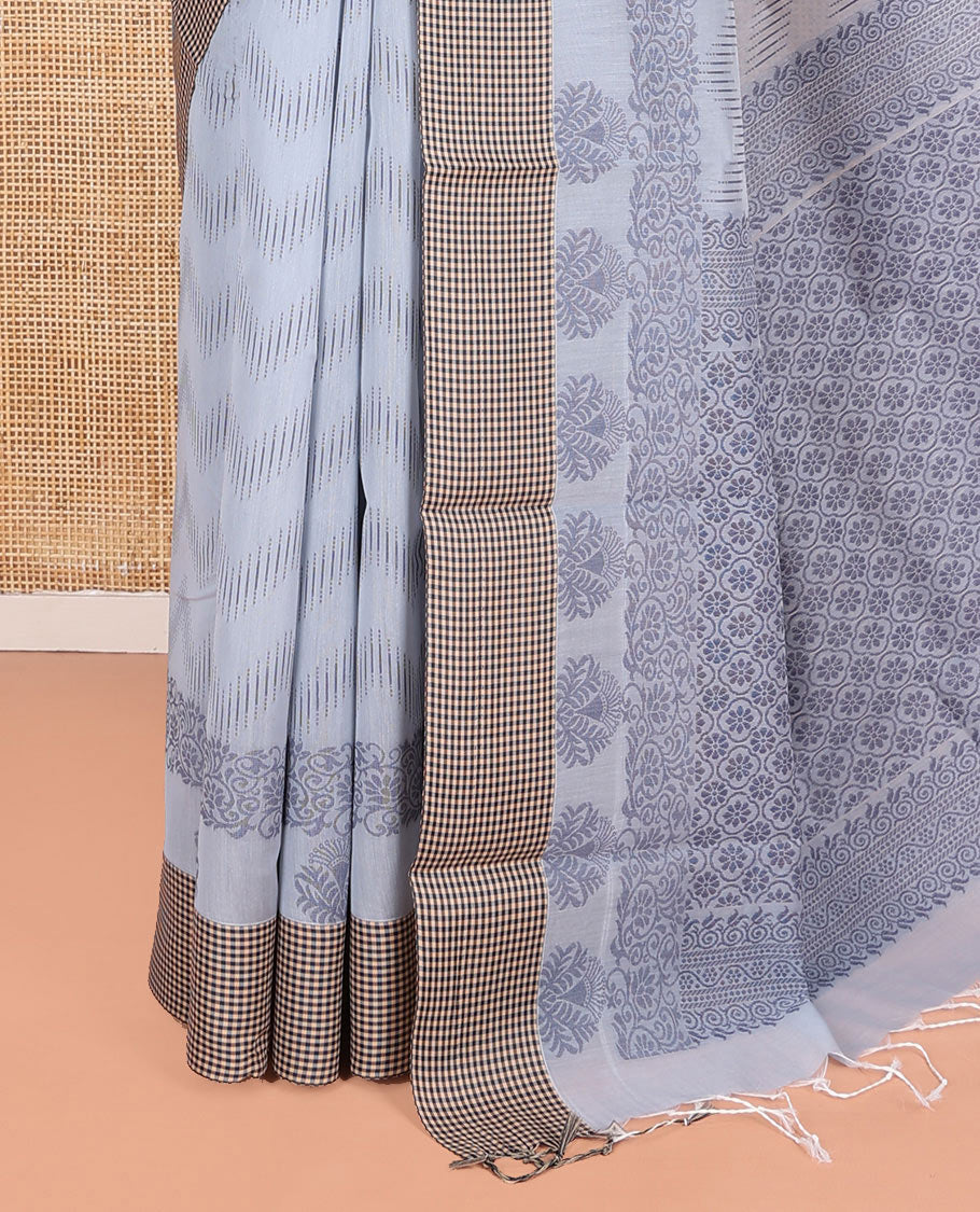 Grey Semi-Silk Cotton Saree, Ornamented with Chevron Stripes All Over Its Body, Complemented by Contrast Micro-Checked Border, Pallu of Jaal Designs, and paired with a Matching Blouse