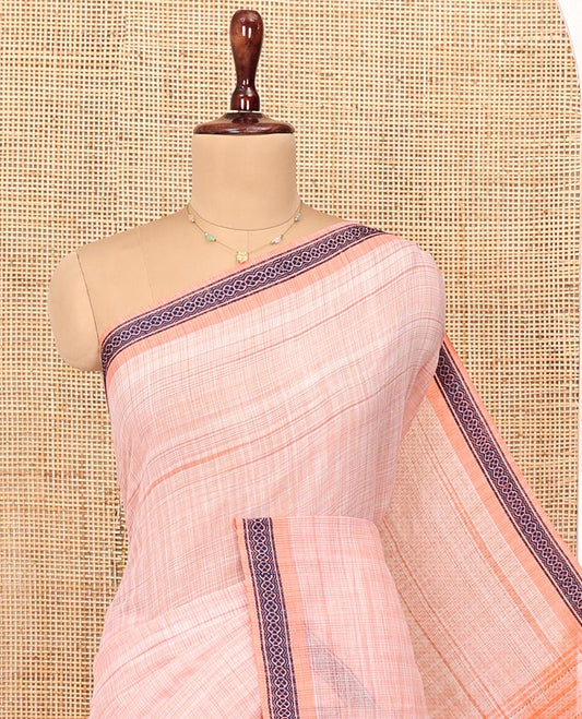 Pale Peach Andhra Cotton Saree, Sparsely Textured Heathered Patterns All Over Its Body, Complemented by Contrast Traditional Border, Pallu Steeped with Stripes, and Paired with a Matching Blouse