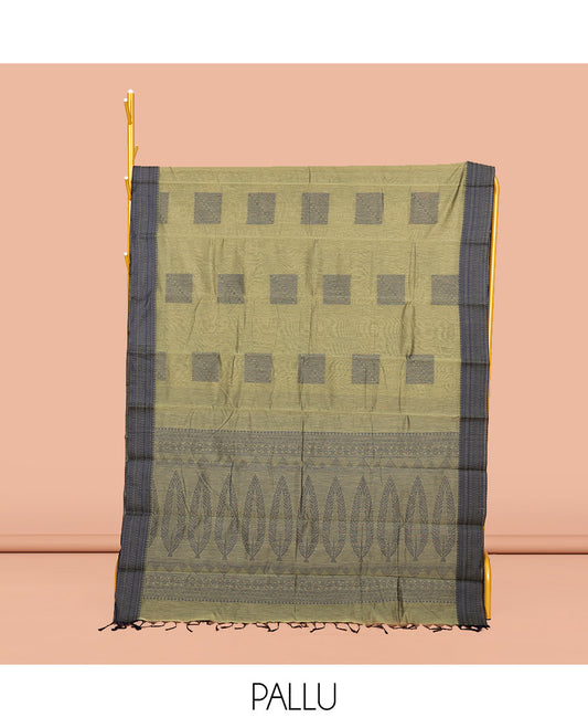 Green Semi-Silk Cotton Saree, Finely Crafted with Square Buttas All Over Its Body, Complemented by a Contrast Traditional Border, Intricately Designed Pallu, and Paired with a Matching Blouse