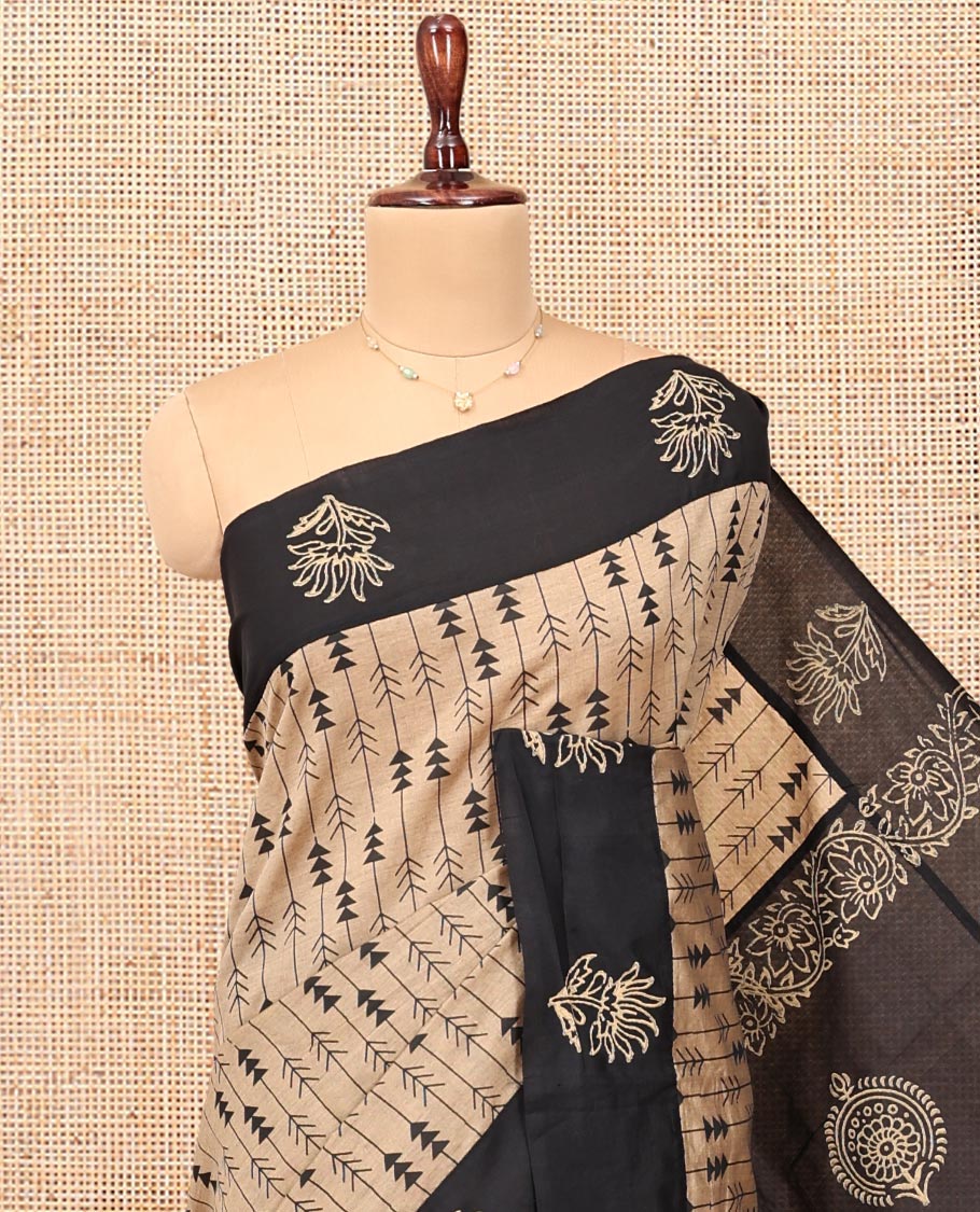 Sandal Poly Cotton Saree, Bedecked with Arrow-Stripes Print, a Contrast Printed Border, Unique Motifs Printed Pallu, and a Contrast Blouse