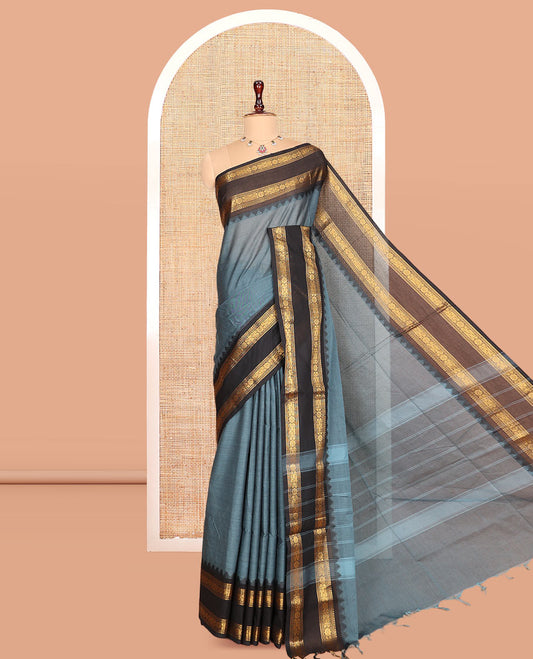 Grey Plain Chettinad Cotton Saree, Complemented by a Contrast Traditional Zari Rettai Pettu Border, Striped Pallu, and a Matching Blouse