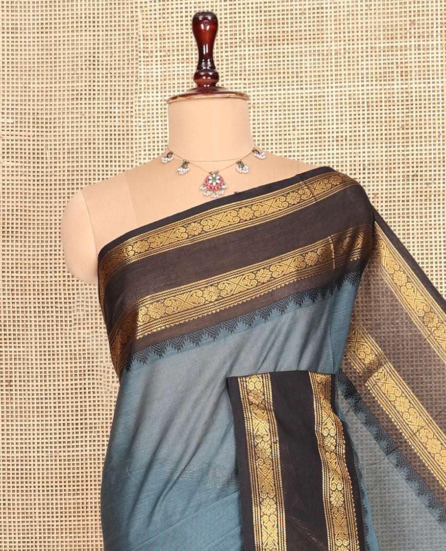 Grey Plain Chettinad Cotton Saree, Complemented by a Contrast Traditional Zari Rettai Pettu Border, Striped Pallu, and a Matching Blouse