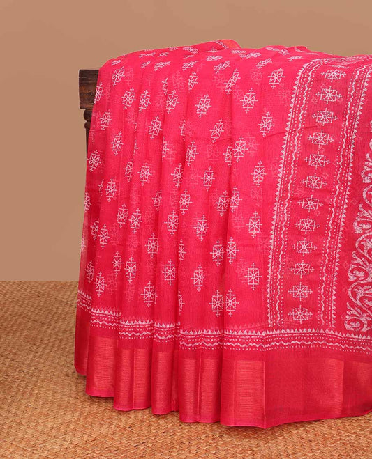 Pink geometric motifs budget cotton saree with self floral design border & geometric, floral design pallu