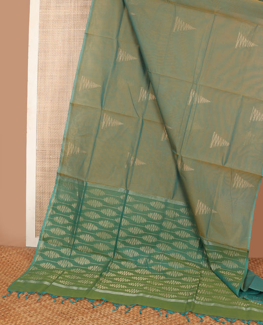 Borderless Green temple buttas Combatiore cotton saree, intricately designed pallu