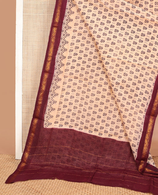 Sandal unique motifs printed Sungudi cotton saree, contrast traditional zari border & zari striped pallu