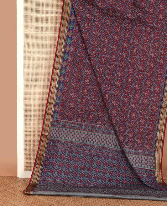 Maroon patola style printed body mul mul cotton saree, contrast traditional motifs thread border, and pallu of intricate print