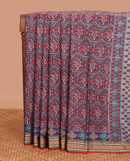 Maroon patola style printed body mul mul cotton saree, contrast traditional motifs thread border, and pallu of intricate print