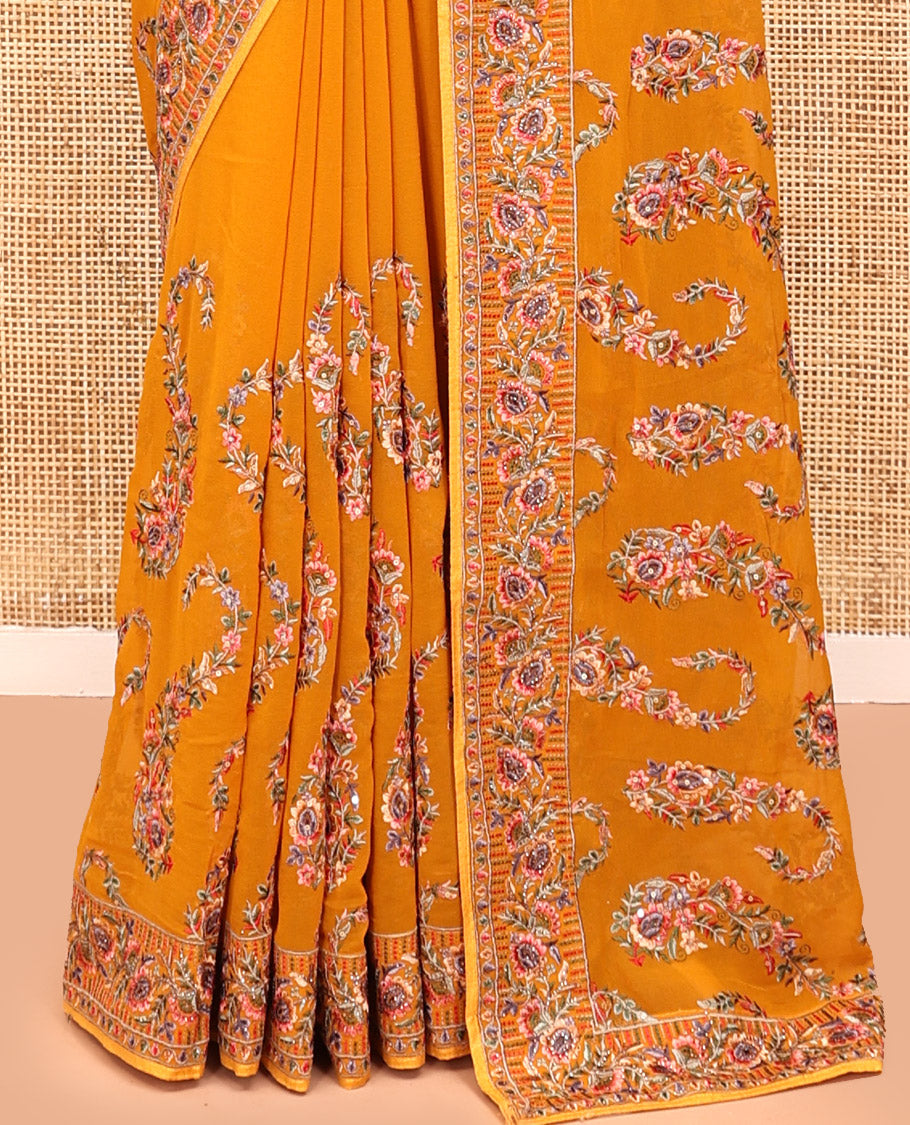 Mustard Georgette Designer Saree Features Color-Thread Paisley Embroidery, a Matching Blouse