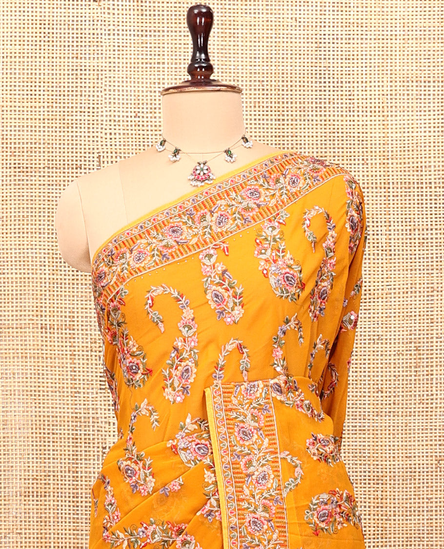 Mustard Georgette Designer Saree Features Color-Thread Paisley Embroidery, a Matching Blouse