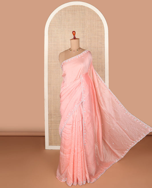Pink floral motifs sequin & stone embroidered designer saree,scallop embroidered border & heavy sequins embroidery border