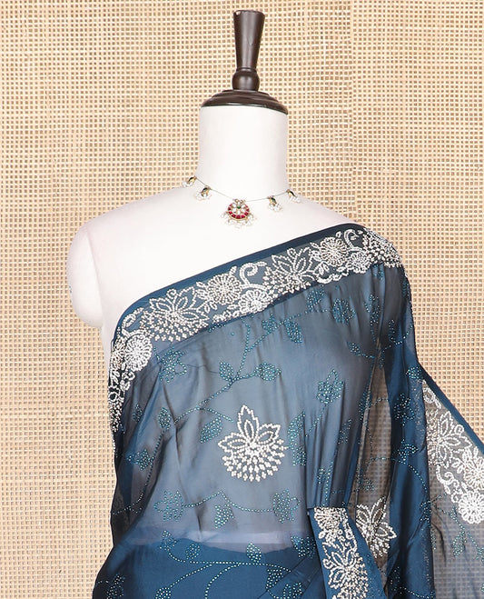 Blue floral-vine Swarovski stone embroidery designer saree, scallop Swarovski stone embroidery border