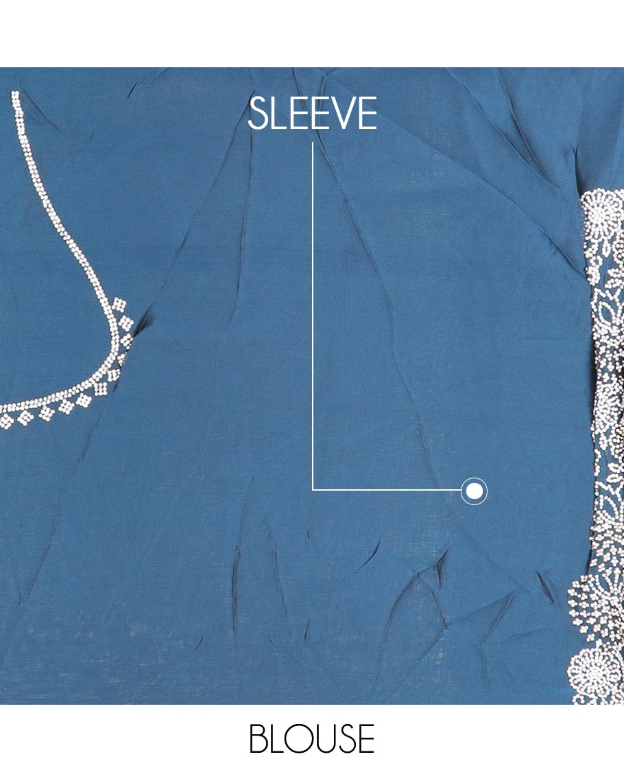 Blue floral-vine Swarovski stone embroidery designer saree, scallop Swarovski stone embroidery border