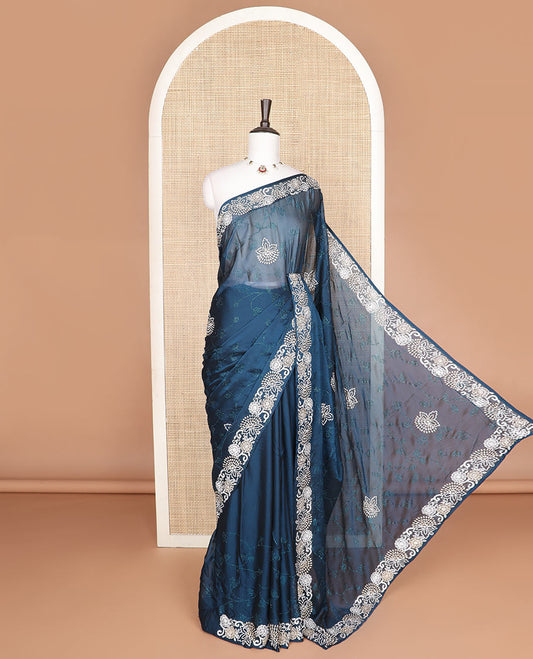 Blue floral-vine Swarovski stone embroidery designer saree, scallop Swarovski stone embroidery border