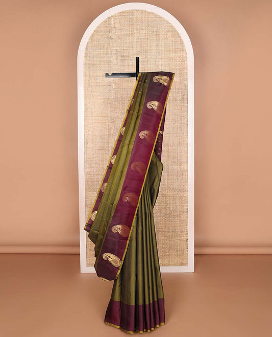 Olive green buttas kancheepuram silk saree with contrast manga design border & striped, floral design pallu