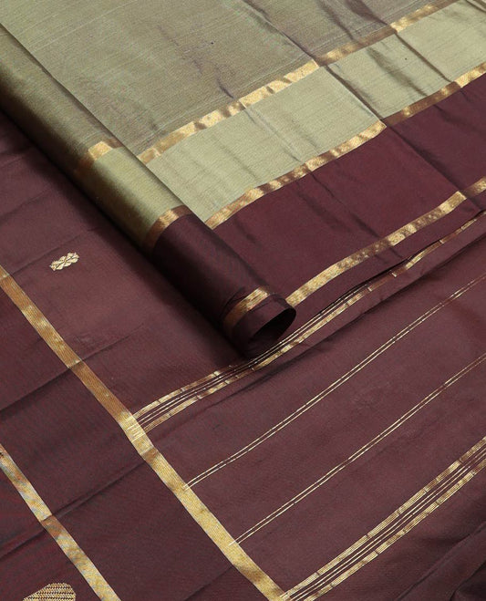 Grey zari buttas silk saree, contrast border of mayil & yaanai designs & zari design pallu