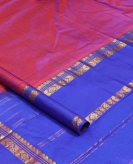 Purple striped Kanchipuram silk saree, contrast rettai pettu border of manga mokku, and kodi visiry designs and pallu of zari stripes