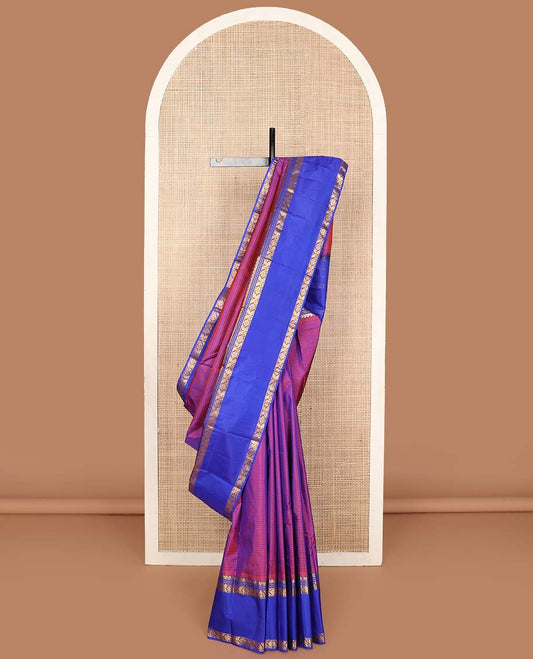 Purple striped Kanchipuram silk saree, contrast rettai pettu border of manga mokku, and kodi visiry designs and pallu of zari stripes