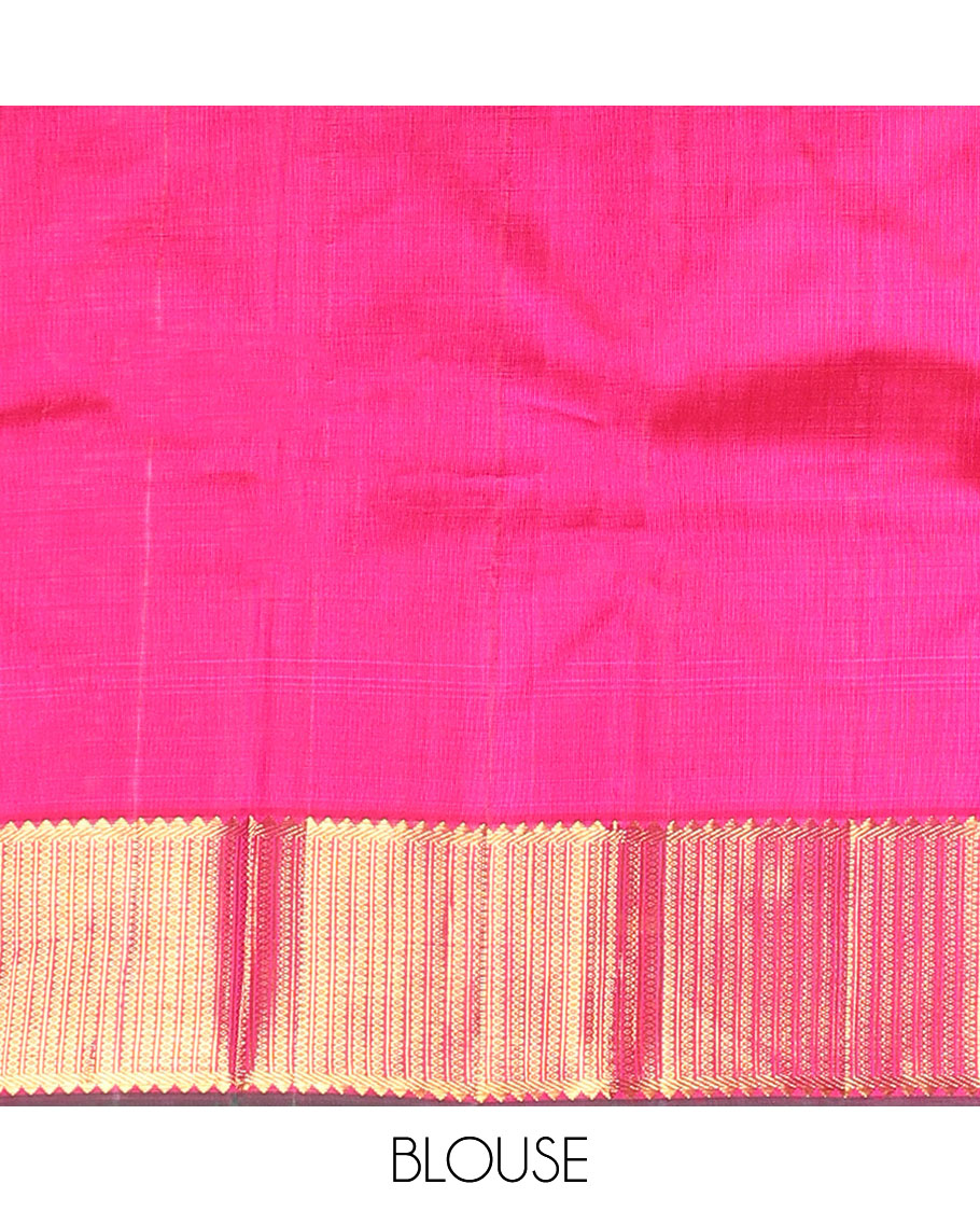Pink zari checked Kanchipuram silk saree, zari border of rekku, banaras, and kamalam designs, and thazampoo rekku design pallu