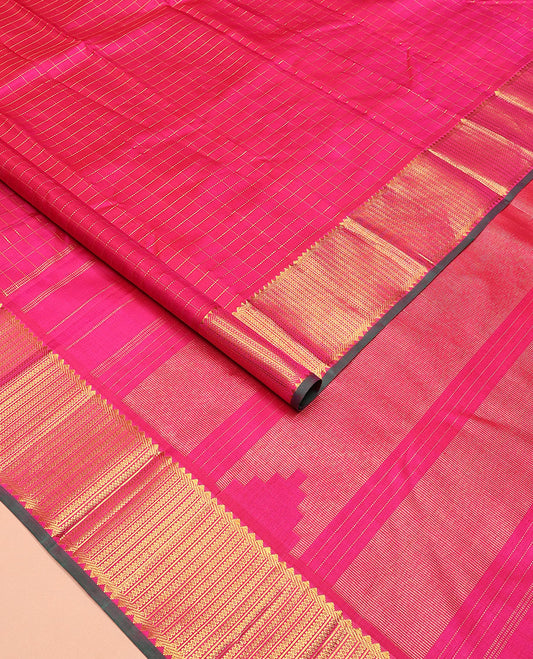 Pink zari checked Kanchipuram silk saree, zari border of rekku, banaras, and kamalam designs, and thazampoo rekku design pallu