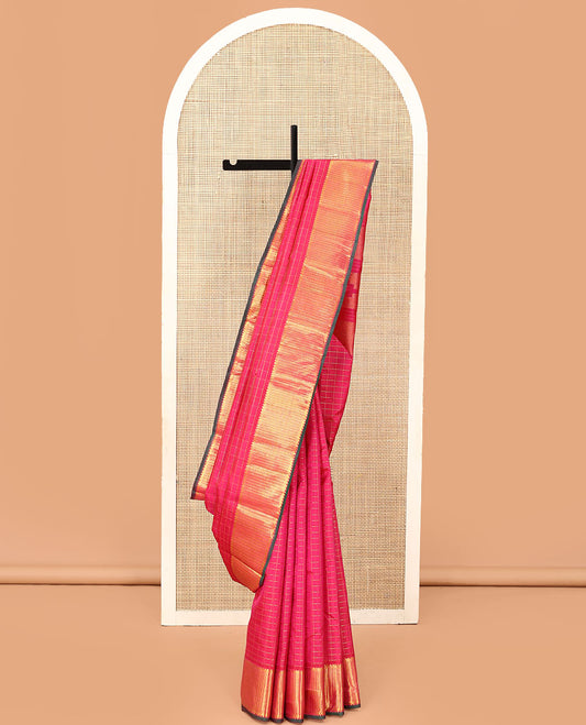 Pink zari checked Kanchipuram silk saree, zari border of rekku, banaras, and kamalam designs, and thazampoo rekku design pallu