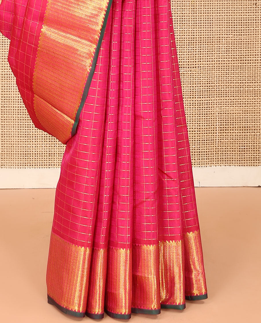 Pink zari checked Kanchipuram silk saree, zari border of rekku, banaras, and kamalam designs, and thazampoo rekku design pallu