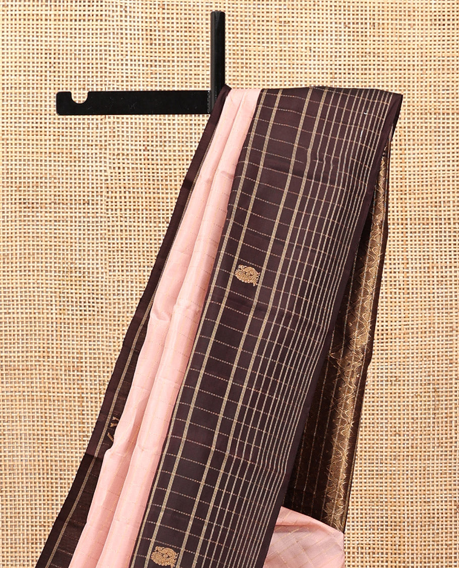 Peach Checked Kanchipuram Silk Saree, Contrast Checked Border of Mayil, and Kuthirai Designs, Grand  Pallu, and a Contrast Blouse