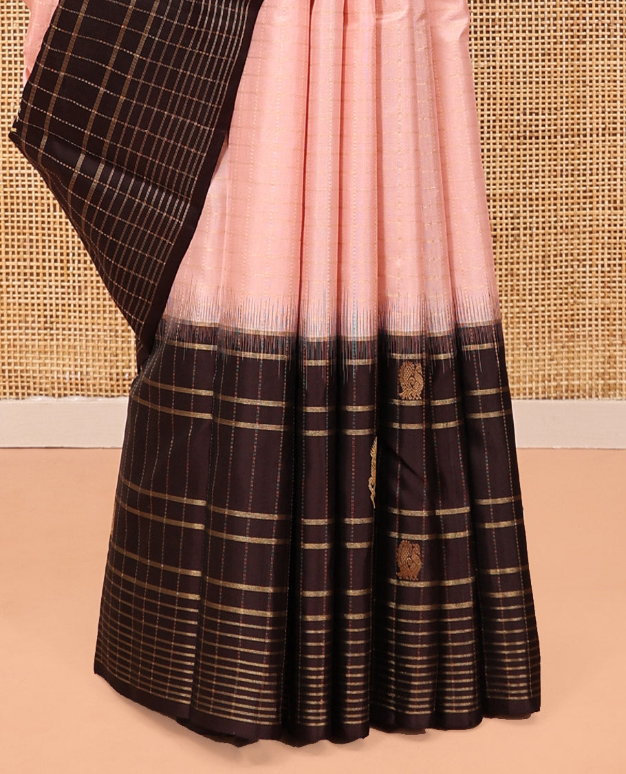 Peach Checked Kanchipuram Silk Saree, Contrast Checked Border of Mayil, and Kuthirai Designs, Grand  Pallu, and a Contrast Blouse
