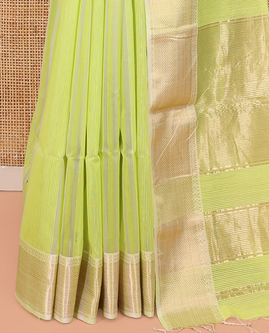 Green Maheshwari Cotton Saree, Subtly Sparkled with Stripes, Highlighted by a Zari Border, Gleaming Zari Pallu, and Paired with a Matching Blouse