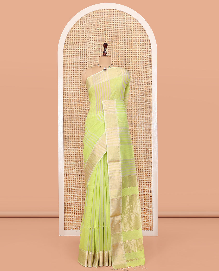 Green Maheshwari Cotton Saree, Subtly Sparkled with Stripes, Highlighted by a Zari Border, Gleaming Zari Pallu, and Paired with a Matching Blouse