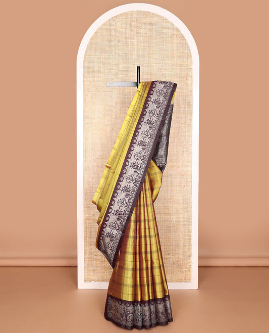 Mustard striped mayuri soft silk saree with contrast floral design border & geometric design pallu