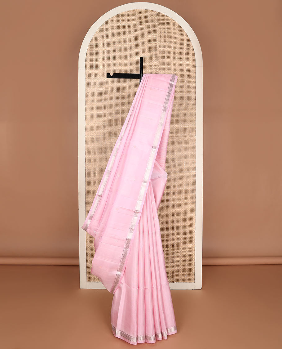Pink zari buttas soft silk saree, zari piping border & geometric patterns zari pallu