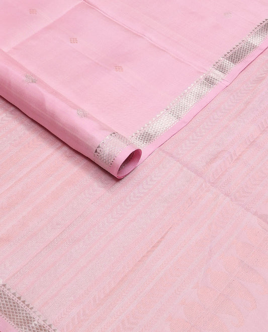 Pink zari buttas soft silk saree, zari piping border & geometric patterns zari pallu