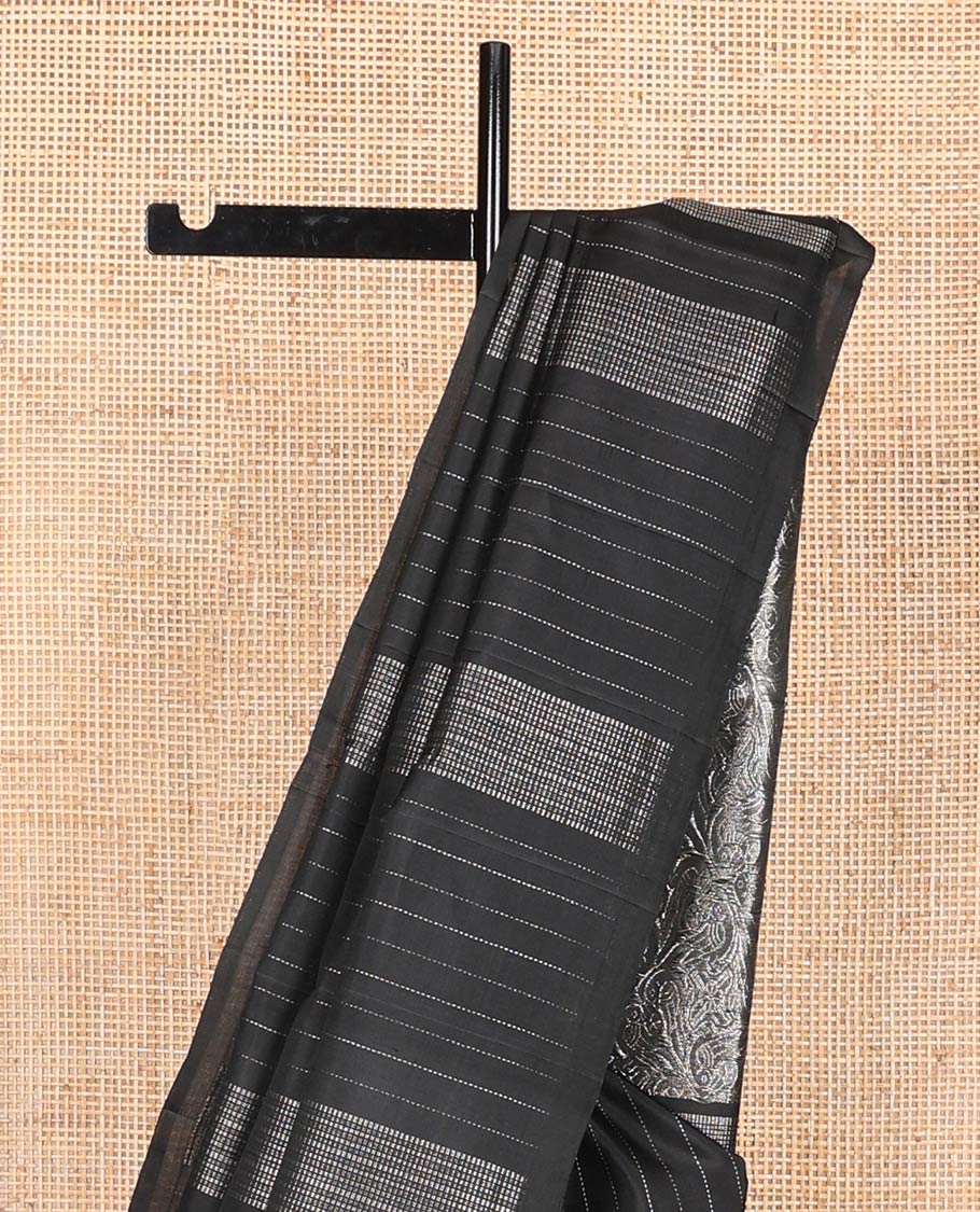 Borderless black zari muthu striped soft silk saree, zari woven pallu steeped with kili designs