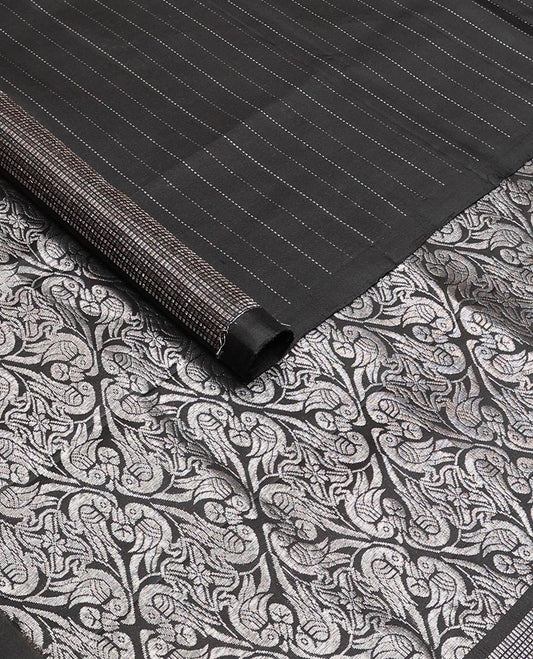 Borderless black zari muthu striped soft silk saree, zari woven pallu steeped with kili designs