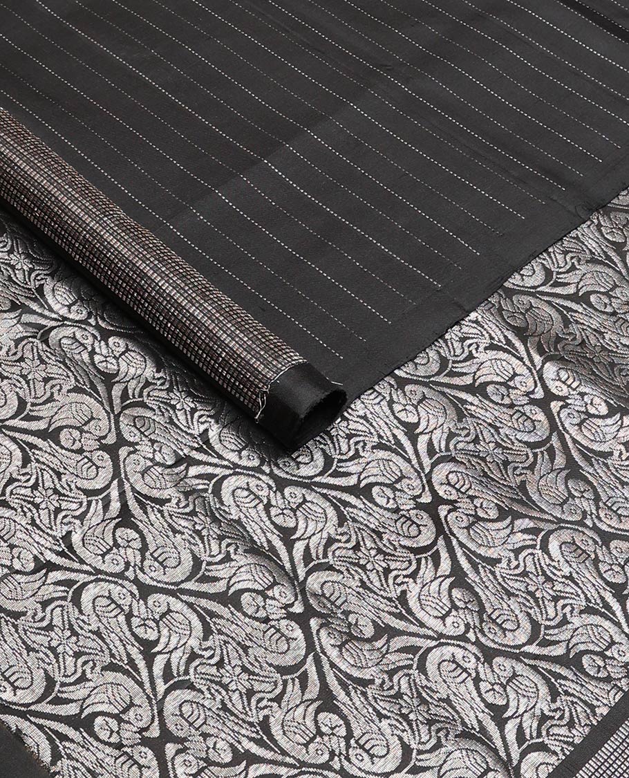 Borderless black zari muthu striped soft silk saree, zari woven pallu steeped with kili designs