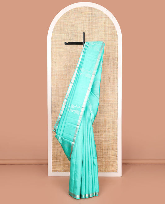 Turquoise zari design soft silk saree, zari border of kathir designs, and zari-rich pallu
