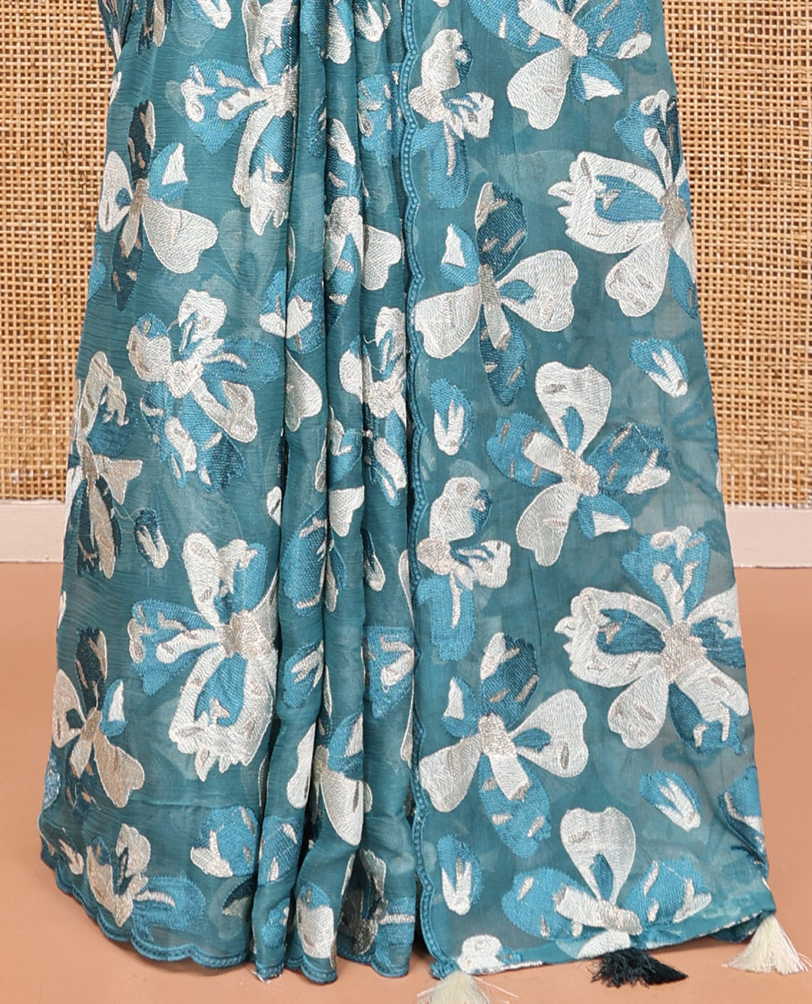 Blue Organza Saree, Impeccably Styled with Floral motifs Thread Embroidery, Scallop-Embroidered Border, and a Matching  b Blouse