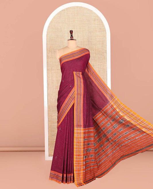 Maroon Odisha Cotton Saree, Subtly Woven with Buttas All Over the Body, Complemented by a Contrast Temple Border of Button-Motifs in Thread Weave, Pallu Depicts Geometric Patterns, and Has No Blouse