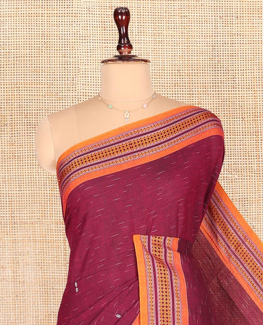 Maroon Odisha Cotton Saree, Subtly Woven with Buttas All Over the Body, Complemented by a Contrast Temple Border of Button-Motifs in Thread Weave, Pallu Depicts Geometric Patterns, and Has No Blouse