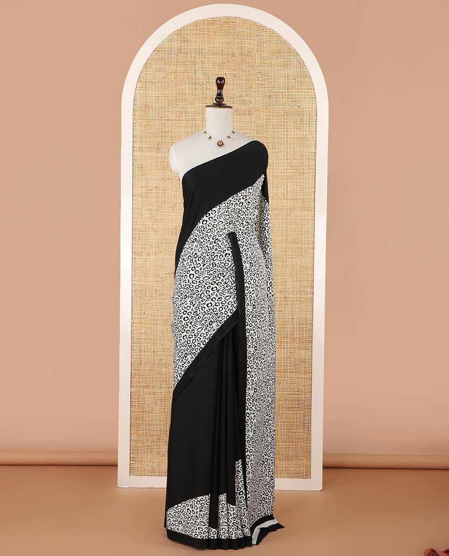 White leopard-skin-style animal printed crepe saree with contrast black plain border