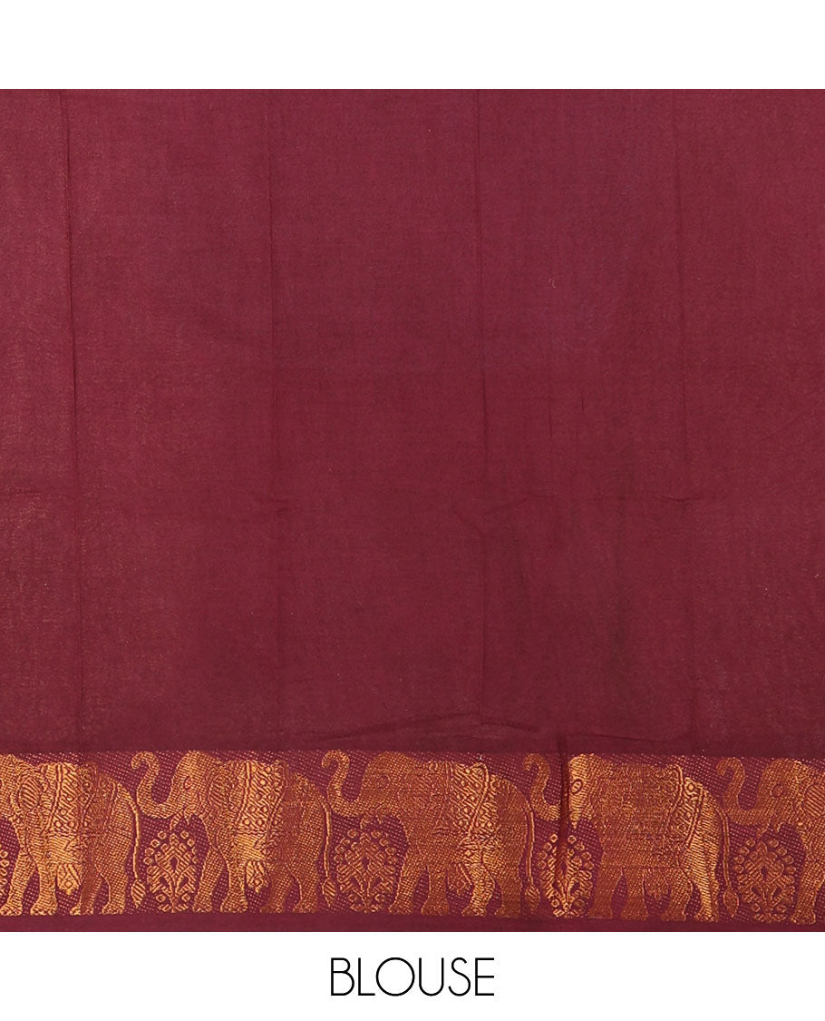 White kolam motifs printed Sungudi cotton saree, contrast yellow-maroon ganga jamuna rettai pettu traditional zari border, floral motifs pallu, and a contrast elephant motifs blouse