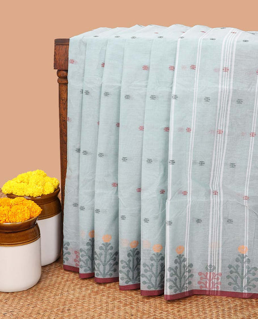 Light green thread butta bengal cotton saree with resham border & chit pallu along with digital floral print blouse