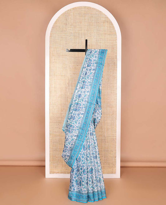 White madhubani design printed silk saree with contrast floral design border & floral design pallu