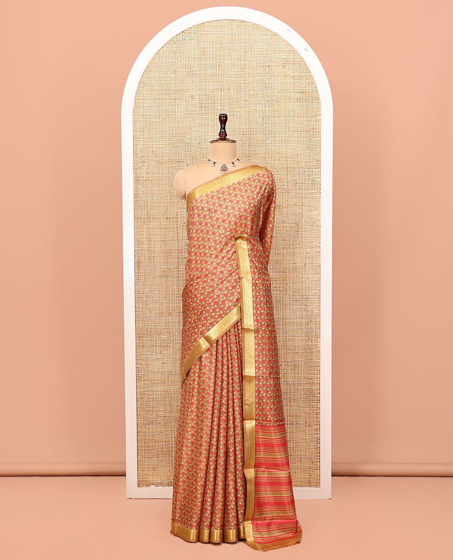 Mustard Printed Silk Saree, Steeped with Paisleys, a Traditional Zari Border, Geometric Patterned Pallu, and Matching Blouse