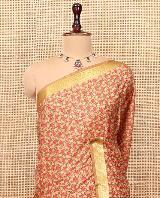 Mustard Printed Silk Saree, Steeped with Paisleys, a Traditional Zari Border, Geometric Patterned Pallu, and Matching Blouse